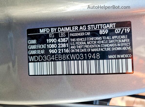 WDD3G4EB8KW031948 2019 MERCEDES-BENZ A Gray 