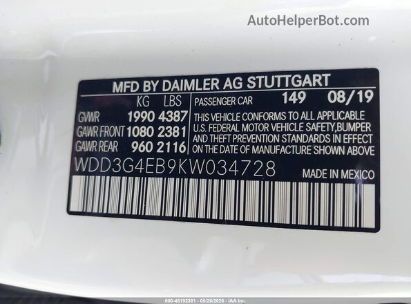 WDD3G4EB9KW034728 2019 MERCEDES-BENZ A 220 White Vista del compartimento del motor