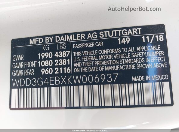 WDD3G4EBXKW006937 2019 MERCEDES-BENZ A 220 White Вид підкапотного простору