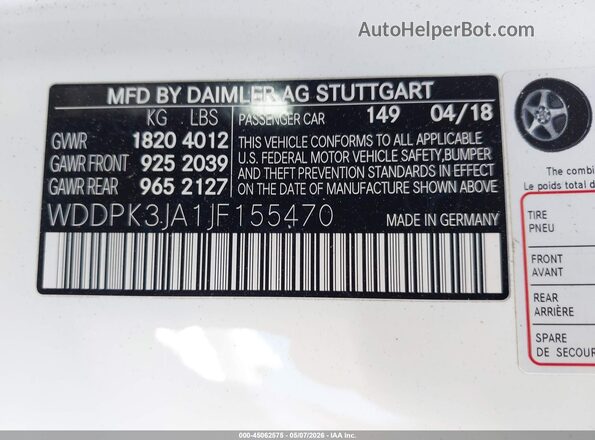 WDDPK3JA1JF155470 2018 MERCEDES-BENZ SLC 300 White 