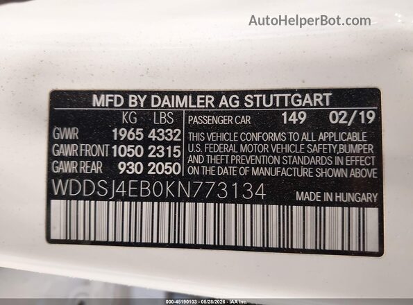 WDDSJ4EB0KN773134 2019 MERCEDES-BENZ CLA 250 White Вид підкапотного простору