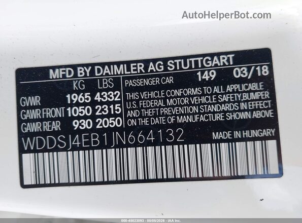 WDDSJ4EB1JN664132 2018 MERCEDES-BENZ CLA 250 White Vista del compartimento del motor