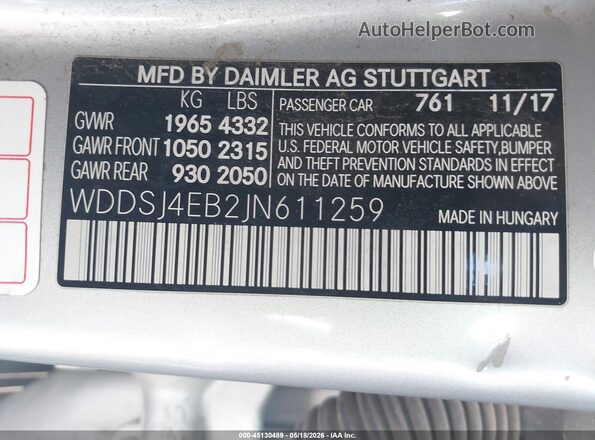 WDDSJ4EB2JN611259 2018 MERCEDES-BENZ CLA 250 Silver Շարժիչի բաժամունքի տեսք