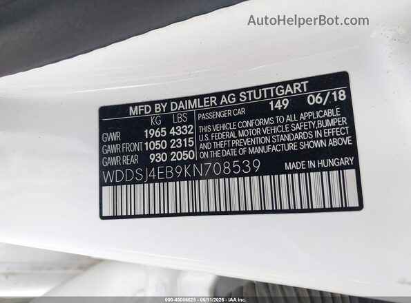 WDDSJ4EB9KN708539 2019 MERCEDES-BENZ CLA 250 White 