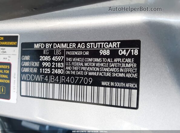 WDDWF4JB4JR407709 2018 MERCEDES-BENZ C-CLASS Silver 
