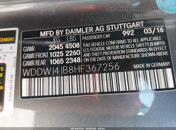 WDDWJ4JB8HF367256 2017 MERCEDES-BENZ C-CLASS Gray Vista del compartimento del motor