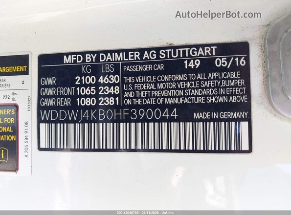 WDDWJ4KB0HF390044 2017 MERCEDES-BENZ C-CLASS White 