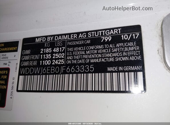 WDDWJ6EB0JF663335 2018 MERCEDES-BENZ AMG C 43 Белый Вид подкапотного пространства