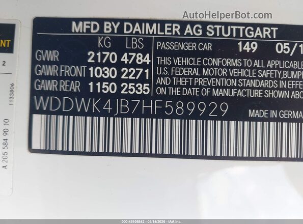 WDDWK4JB7HF589929 2017 MERCEDES-BENZ C-CLASS White ძრავის განყოფილების ხედი