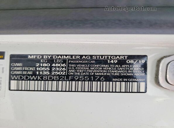 WDDWK8DB2LF955176 2020 MERCEDES-BENZ C White VIN კოდის სტიკერის ხედი