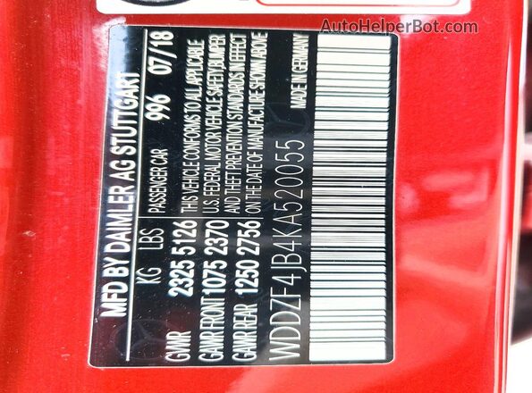 WDDZF4JB4KA520055 2019 MERCEDES-BENZ E Red Widok naklejki z numerem VIN