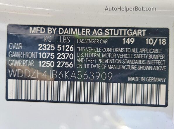WDDZF4JB6KA563909 2019 MERCEDES-BENZ E White ძრავის განყოფილების ხედი