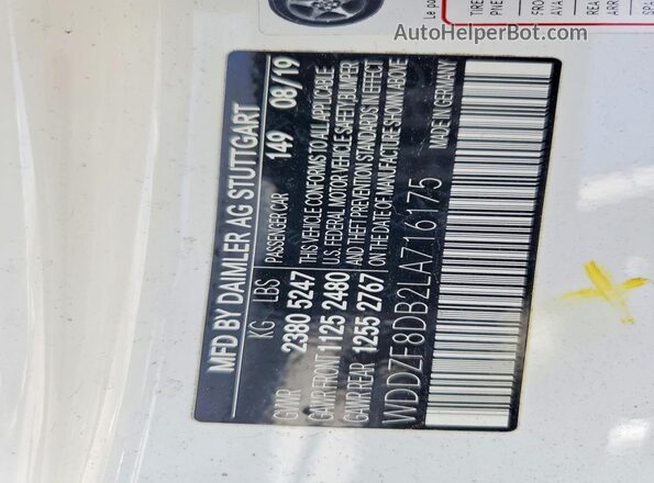 WDDZF8DB2LA716175 2020 MERCEDES-BENZ E White Vista de la etiqueta del VIN