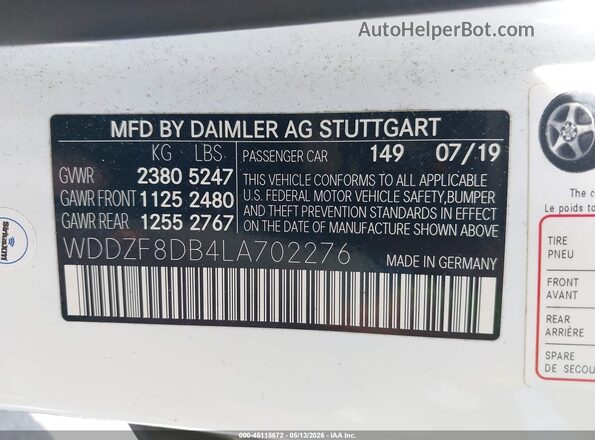 WDDZF8DB4LA702276 2020 MERCEDES-BENZ E-CLASS White Widok komory silnika