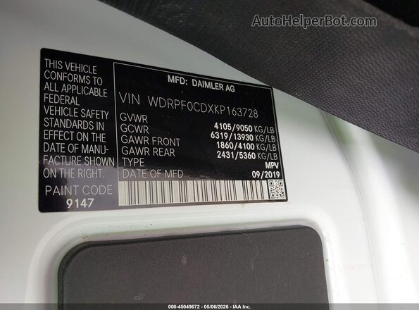 WDRPF0CDXKP163728 2019 FREIGHTLINER SPRINTER 2500 White Engine compartment view