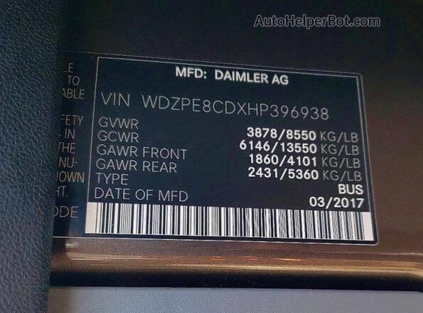 WDZPE8CDXHP396938 2017 MERCEDES-BENZ SPRINTER Gray Widok naklejki z numerem VIN