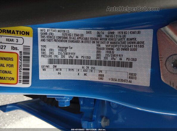 WF0DP3TH2G4116185 2016 FORD FOCUS RS Blue ძრავის განყოფილების ხედი
