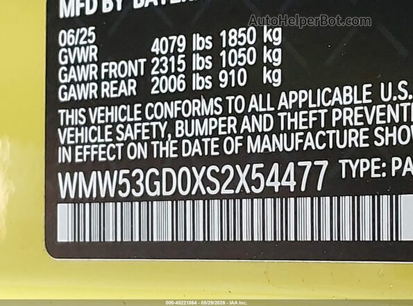 WMW53GD0XS2X54477 2025 MINI HARDTOP Yellow Вид підкапотного простору