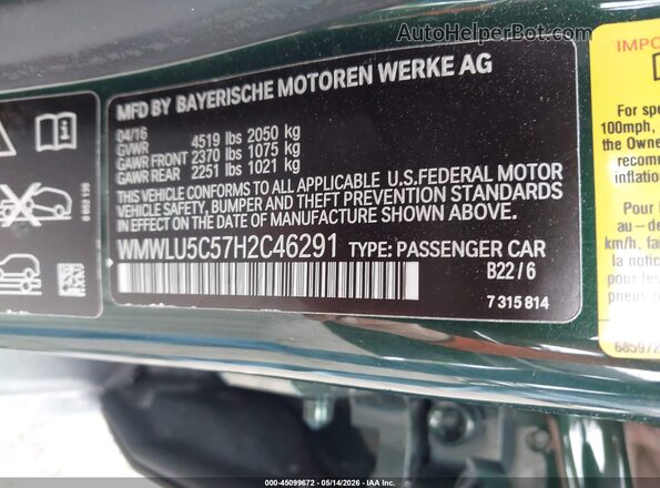 WMWLU5C57H2C46291 2017 MINI CLUBMAN Green ძრავის განყოფილების ხედი