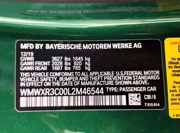 WMWXR3C00L2M46544 2020 MINI COOPER Green Շարժիչի բաժամունքի տեսք