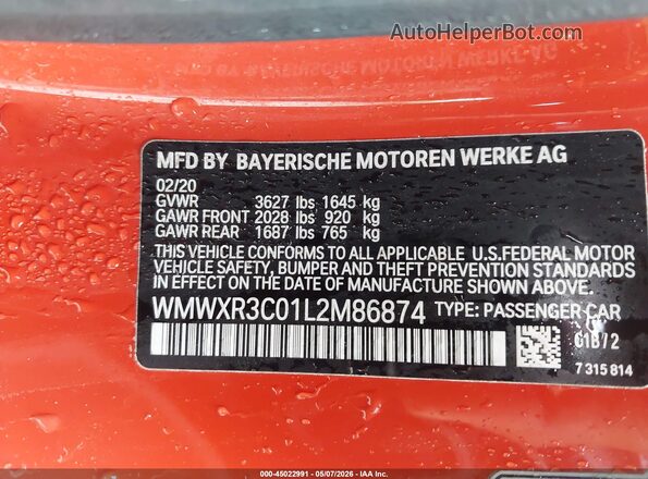 WMWXR3C01L2M86874 2020 MINI HARDTOP Red Vista del compartimento del motor