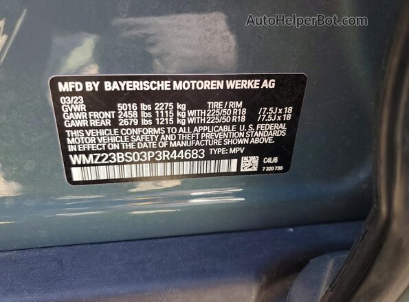 WMZ23BS03P3R44683 2023 MINI COOPER Бирюзовый Вид наклейки с VIN-кодом