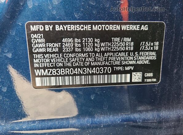 WMZ83BR04N3N40370 2022 MINI COOPER Teal Widok naklejki z numerem VIN