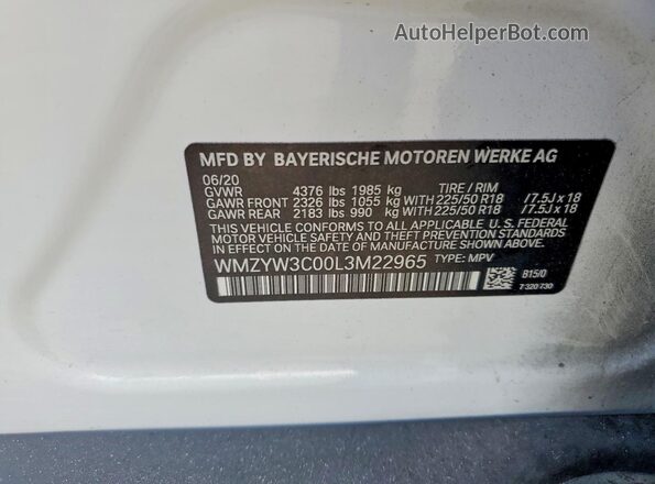 WMZYW3C00L3M22965 2020 MINI COOPER White 360 interior view