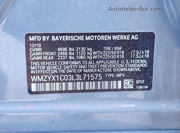WMZYX1C03L3L71575 2020 MINI COOPER Gray VIN კოდის სტიკერის ხედი