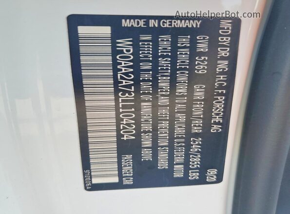 WP0AA2A73LL104204 2020 PORSCHE PANAMERA White Вид підкапотного простору
