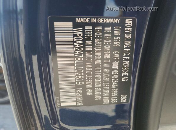 WP0AA2A78LL102819 2020 PORSCHE PANAMERA Blue Vista del compartimento del motor