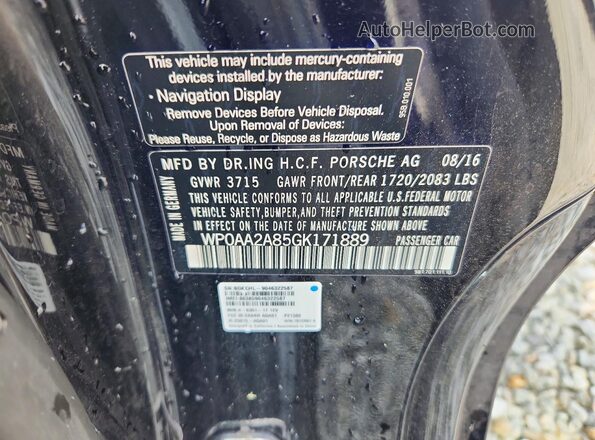 WP0AA2A85GK171889 2016 PORSCHE CAYMAN Черный Вид наклейки с VIN-кодом