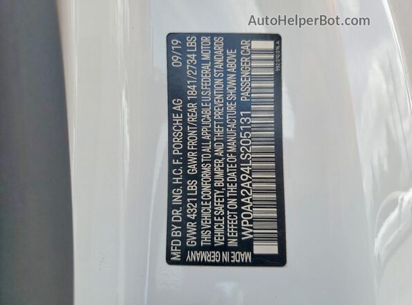 WP0AA2A94LS205131 2020 PORSCHE 911 White ძრავის განყოფილების ხედი