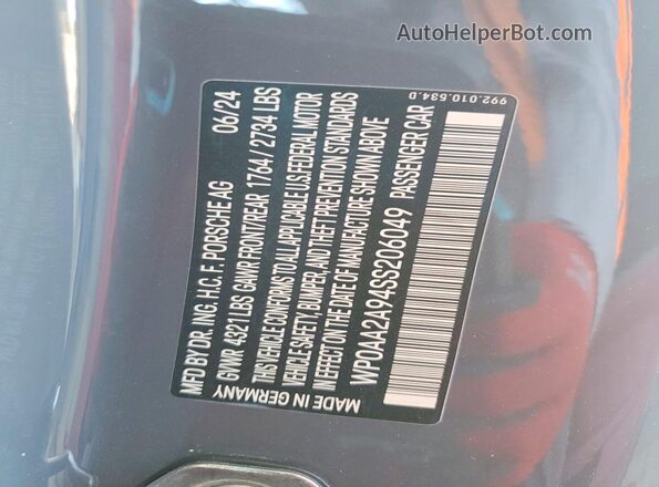 WP0AA2A94SS206049 2025 PORSCHE 911 Gray VIN კოდის სტიკერის ხედი