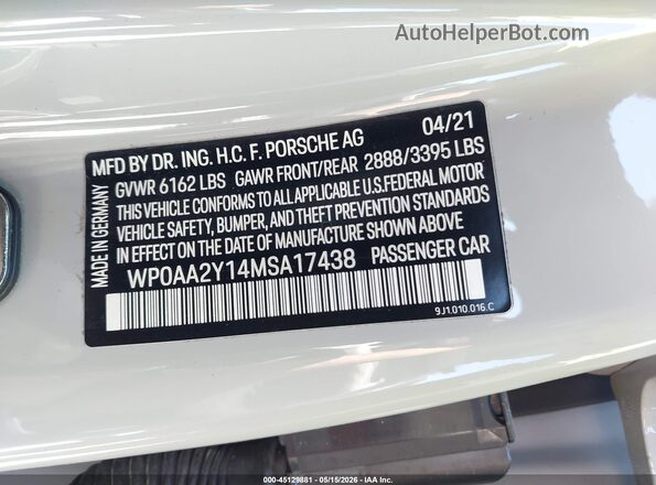 WP0AA2Y14MSA17438 2021 PORSCHE TAYCAN Gray Widok komory silnika