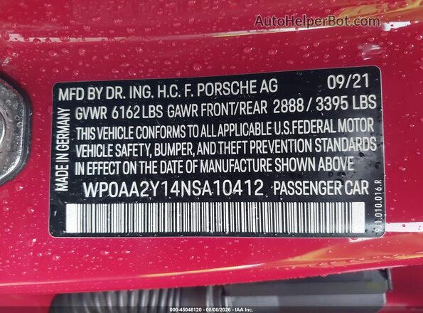 WP0AA2Y14NSA10412 2022 PORSCHE TAYCAN Red ძრავის განყოფილების ხედი