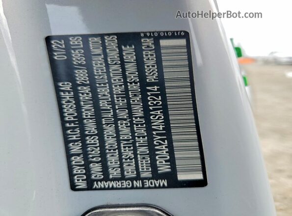 WP0AA2Y14NSA13214 2022 PORSCHE TAYCAN White VIN կոդի պիտակի տեսք