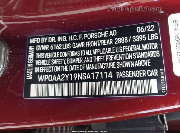 WP0AA2Y19NSA17114 2022 PORSCHE TAYCAN Maroon Vista del compartimento del motor