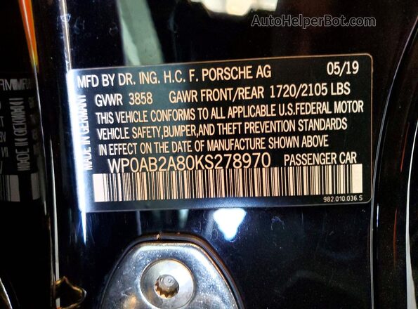 WP0AB2A80KS278970 2019 PORSCHE CAYMAN Black Widok naklejki z numerem VIN