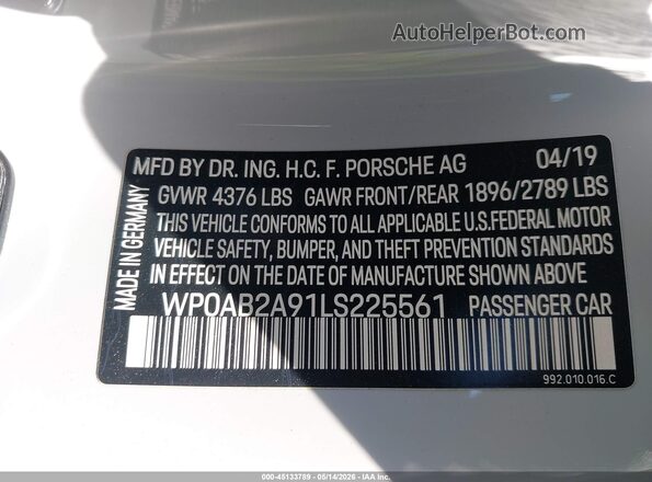 WP0AB2A91LS225561 2020 PORSCHE 911 Gray ძრავის განყოფილების ხედი
