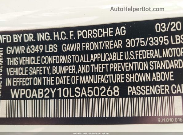 WP0AB2Y10LSA50268 2020 PORSCHE TAYCAN White Vista del compartimento del motor