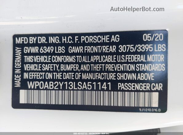 WP0AB2Y13LSA51141 2020 PORSCHE TAYCAN White Շարժիչի բաժամունքի տեսք