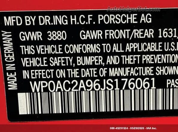WP0AC2A96JS176061 2018 PORSCHE 911  Вид підкапотного простору