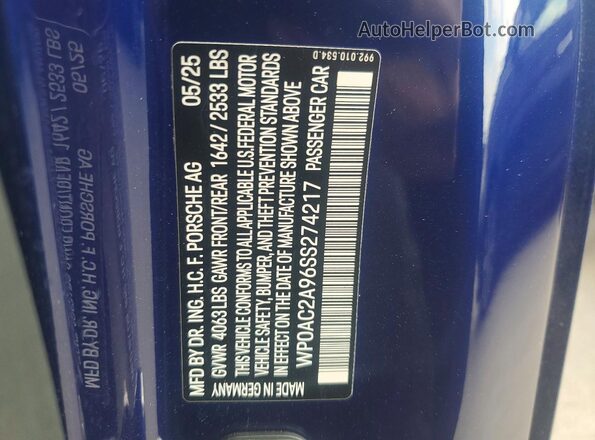 WP0AC2A96SS274217 2025 PORSCHE 911 Синий Вид подкапотного пространства