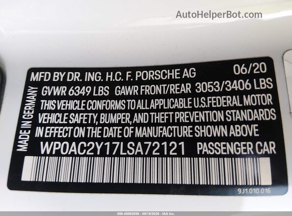 WP0AC2Y17LSA72121 2020 PORSCHE TAYCAN White ძრავის განყოფილების ხედი