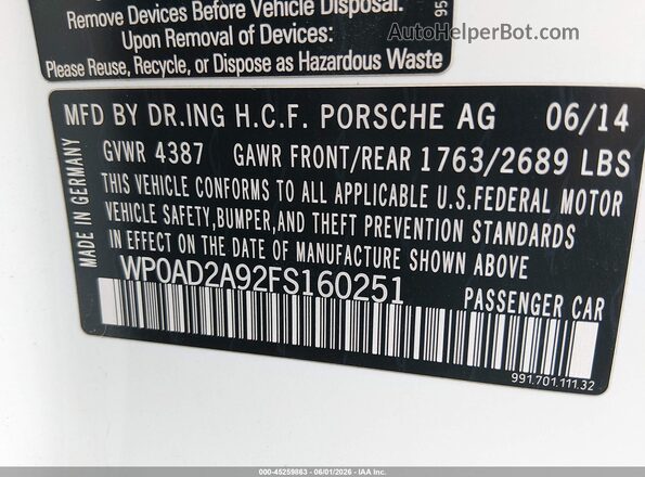 WP0AD2A92FS160251 2015 PORSCHE 911 Белый Вид подкапотного пространства