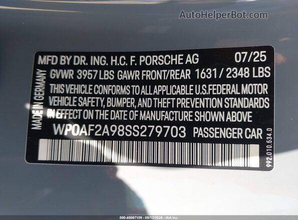 WP0AF2A98SS279703 2025 PORSCHE 911 Серый Вид подкапотного пространства