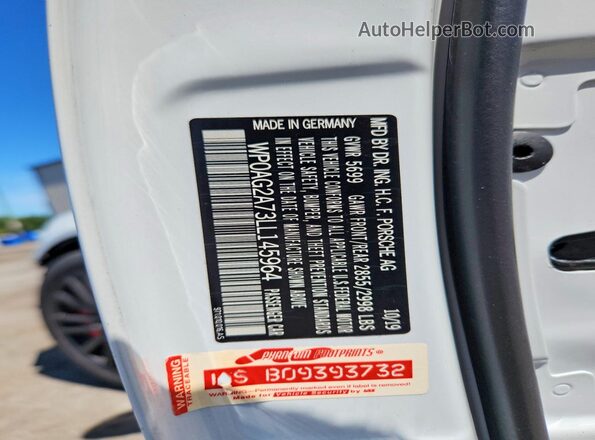 WP0AG2A73LL145964 2020 PORSCHE PANAMERA White Widok naklejki z numerem VIN