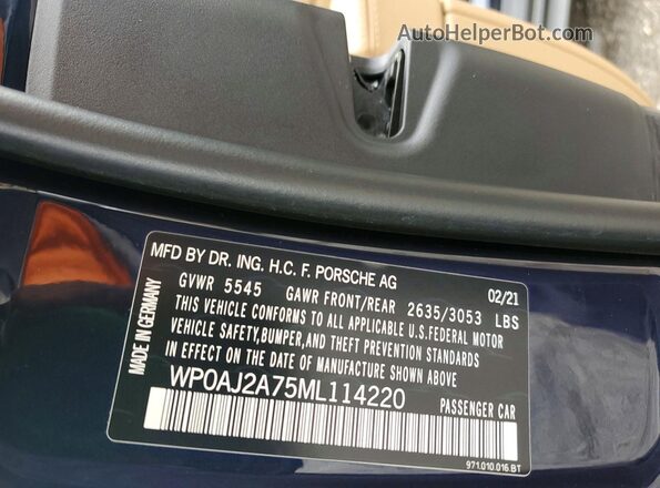 WP0AJ2A75ML114220 2021 PORSCHE PANAMERA Blue VIN კოდის სტიკერის ხედი