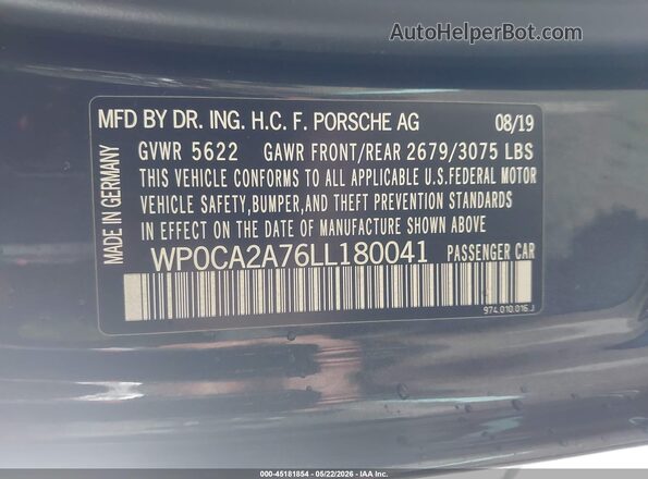 WP0CA2A76LL180041 2020 PORSCHE PANAMERA Black Widok komory silnika